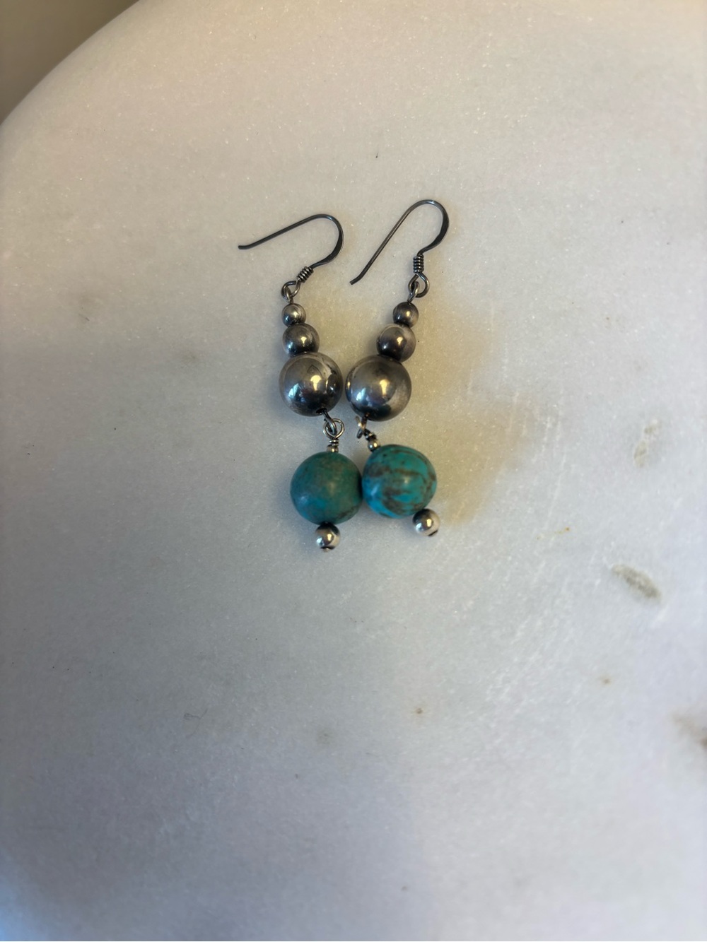 Turquoise Bead Drop Earrings - Silver Tone
